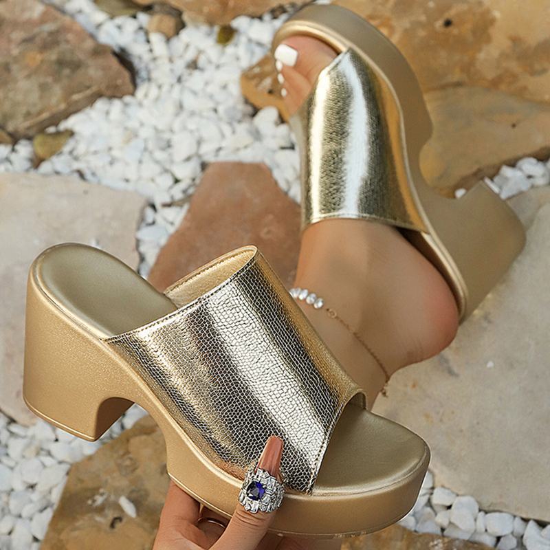 Metallic Heel Sandal - Sandal Platform Chunky Emas Perak Fashion