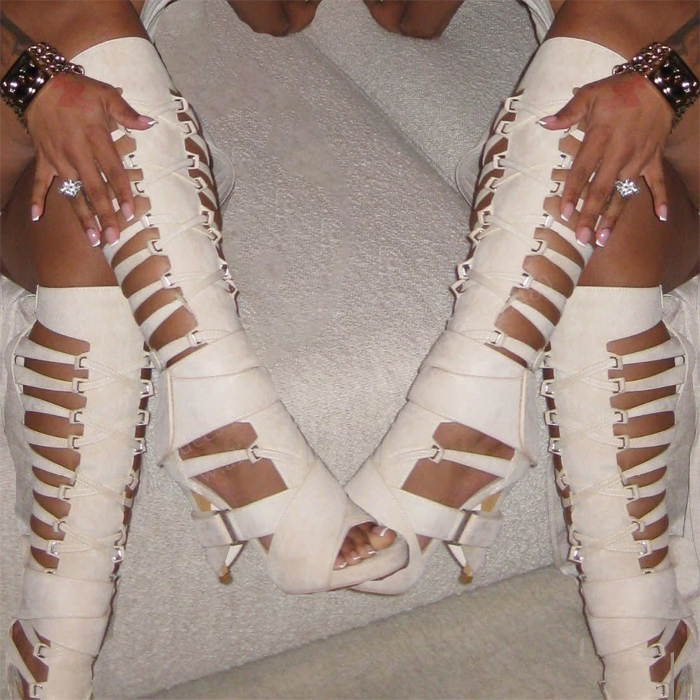 Knee High Boots Women - Sepatu Boot Setinggi Lutut Gladiator Hollow