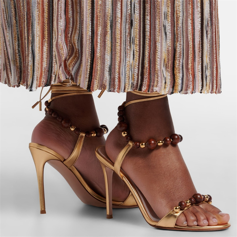 Sandal Kulit Coklat Mewah Retr - Metallic Heel Sandal ulasan dan harga
